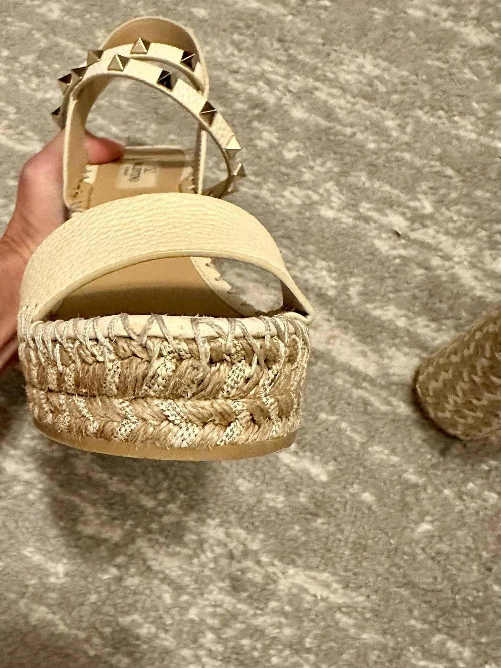 Valentino Ivory Leather Rockstud Ankle-Strap Wedge Sandals